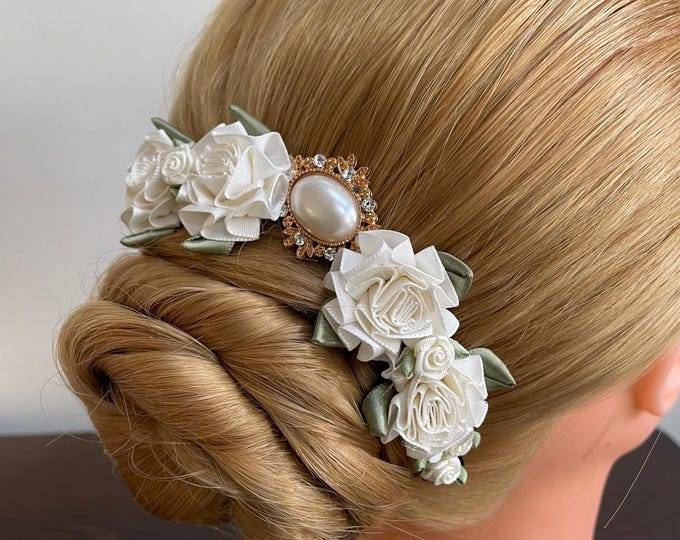 Bunflowerz Ivory Pearl BunPin (ivory floral hair pin, ivory bridal hair pin, ballet hair pin, paquita hair crown, bun crown, yagp hair)