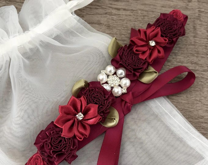 Burgundy Ballet Bun Wrap, Competition Dance Hair Accessory, Rhinestone Floral Hairpiece for Dance Team