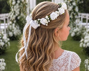 First Communion Hair Wreath, Flower girl crown, White Floral Halo