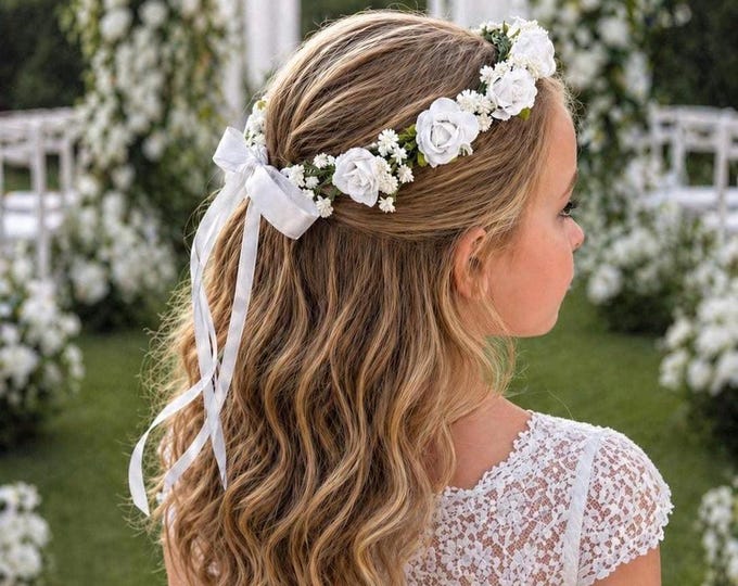 White Flower girl crown, Floral Headband, first communion hair wreath, wedding headpiece
