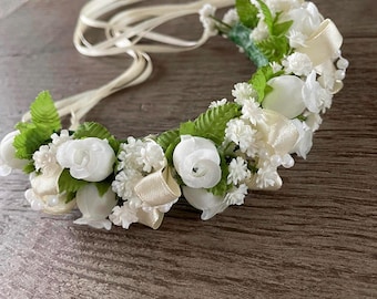 BunFlowerz Ivory Floral Bun Garland (bridal garland, flower girl headpiece, Swanhilda hair piece, coppelia head piece, flower crown)