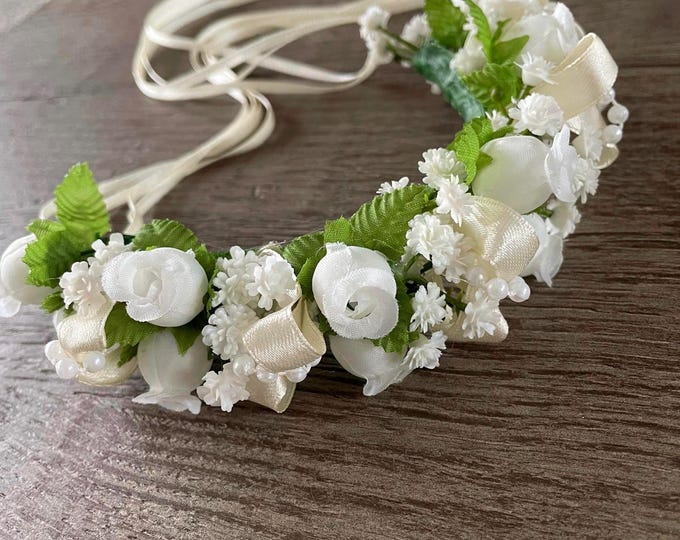 BunFlowerz Ivory Floral Bun Garland (bridal garland, flower girl headpiece, Swanhilda hair piece, coppelia head piece, flower crown)