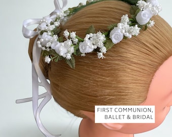 First Communion Hair Wreath, Flower girl crown, White Floral Halo with pearls