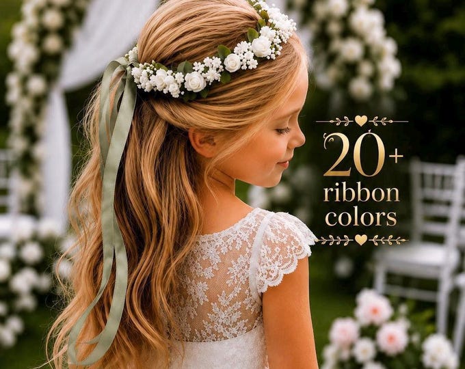 Custom Flower Girl Wreath, White Rosebud Halo with Pearls, Wedding Headpiece