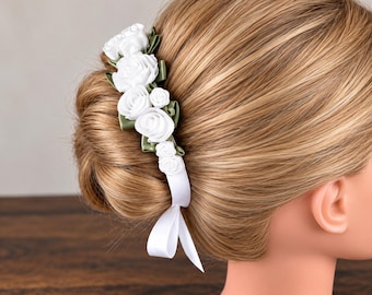 White Floral Bun Wrap for Flower Girl or First Communion – Bridal Ballet Hair Wreath