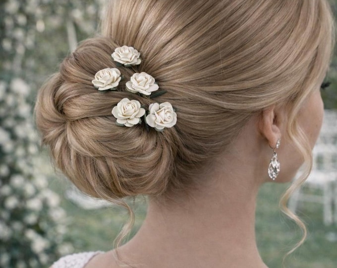 White or Ivory Mini Mulberry hairpins: Set of bridal or ballet Bun Pins