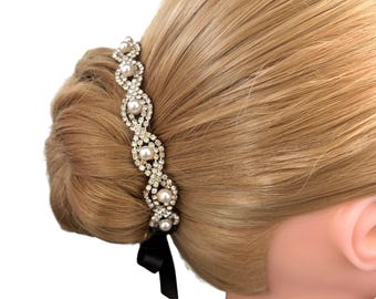 Bridal Pearl Rhinestone Hairpiece – Vintage Crystal Bride Hair Accessory, Wedding Bun Updo Wrap