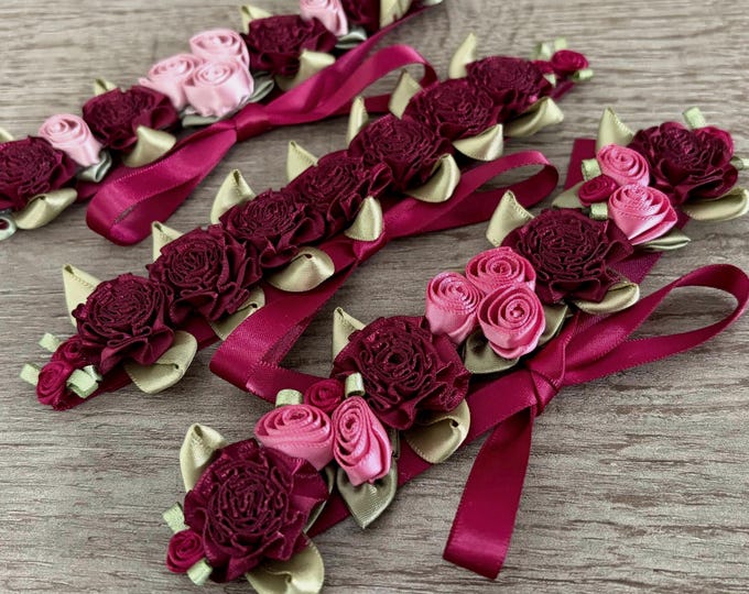 Burgundy Floral Ballet Bun Wrap Collection, Satin Roses Dance Hair Accessory