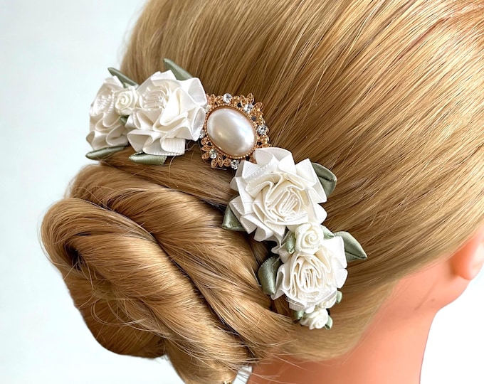 Ivory Floral Bun Hairpiece: Bridal Ballet Hair Crown with Pearl