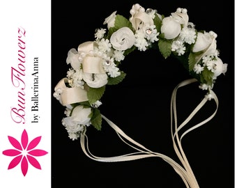 Ivory Floral Bun Garland (bridal garland, flower girl headpiece, Swanhilda hair piece, YAGP bun garland, coppelia head piece, flower crown)