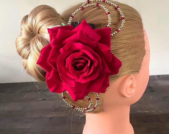 Red Rose Ballet Headpiece: Beaded Spanish Flower Hair Accessory