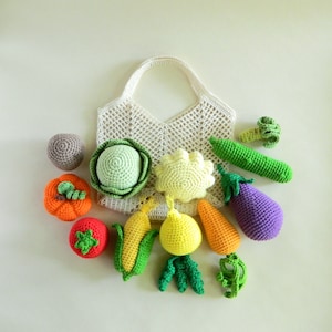 Sensory kit play kitchen fake food toddler toys / Crochet food vegetable and crochet bag / Sensory bin toys for 1 year old