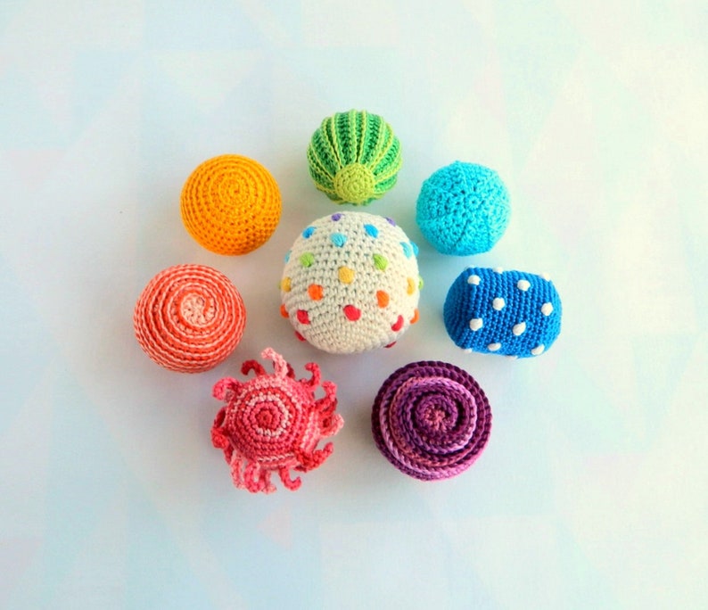 Montessori sensory balls / Crochet rattle balls organic baby toys / Montessori toddler activity toy image 1