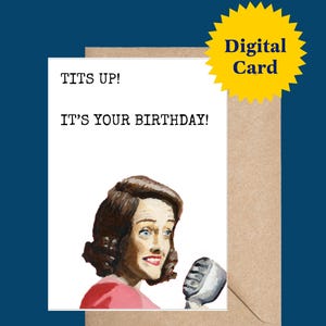 Biglietto d'auguri stampabile "Tits Up! It's Your Birthday!" – Marvelous Mrs. Maisel Art, biglietto di auguri di compleanno divertente