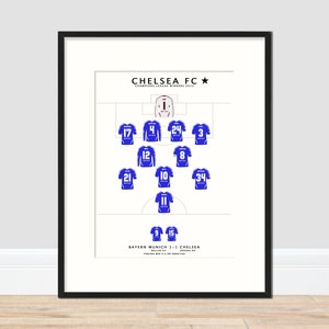 May include: A white and blue football team lineup graphic with the text "CHELSEA FC" and "BAYERN MUNICH 1-1 CHELSEA". The graphic shows the Chelsea team lineup for the Champions League final in 2012.