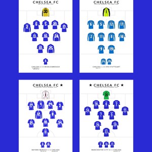 May include: Four different football team lineups for Chelsea Football Club. Each lineup shows the players' jersey numbers and positions on the field. The lineups are for the FA Cup Final 1997, UEFA Cup Winners' Cup Final 1998, Champions League Winners 2012, and Champions League Winners 2021.