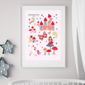 Fairytale Princess Print- Personalised, Nursery Wall Art, Nursery wall print, Pink print, Girls room, Butterfly print, Fairytale castle