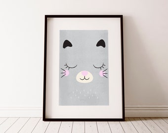 Cat Face Print- Nursery Wall Art, New Baby Gift, Nursery wall print, Nursery decor, Kids room, Animals wall decor, Girls room, Cat print