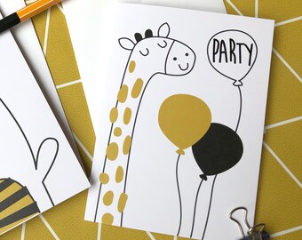 Wild Giraffe Birthday Card - Party, Birthday Card, Unique Birthday Card, Giraffe Illustration, Cute Birthday Card, Cute Greeting Card.