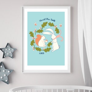 Personalised Woodland Print- Nursery Wall Art, New Baby Gift, New Baby Name Print, Nursery wall print, Nursery decor, Hare & Squirrel Print