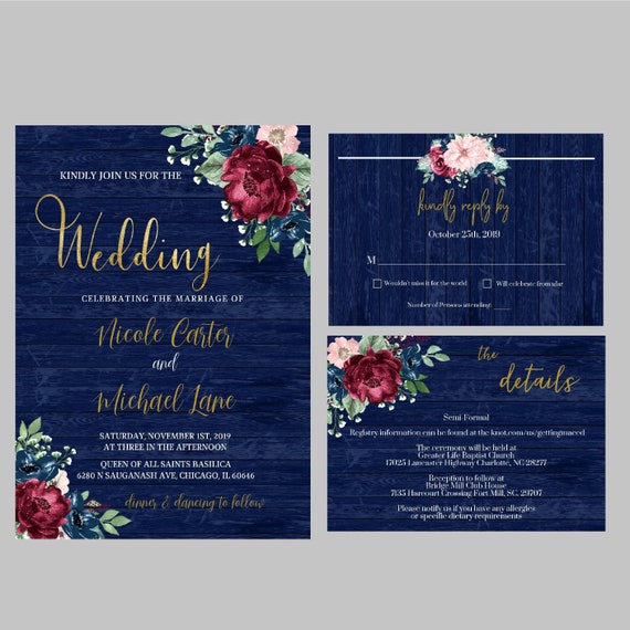 Rustic Navy Floral Fall Wedding Invitation,Mr and Mrs,Burgundy,Blush,Navy Blue,Roses,Barn Wood,Gold Print,Shimmery,Printed Invitation,Custom