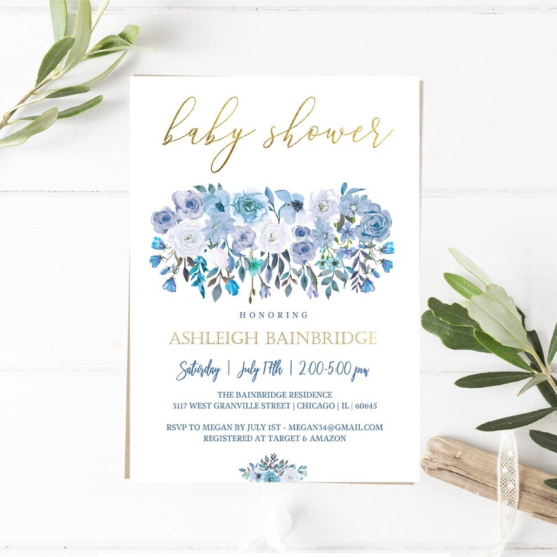 Baby Shower Boy Brunch Invitation Floral Blue Baby Shower Boy Etsy