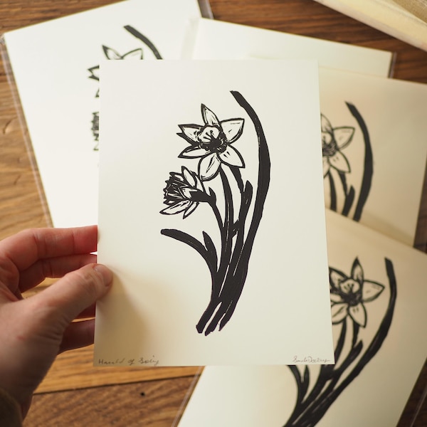Harald of Spring Hand-Drawn, Carved, and Printed Linocut Block Print Daffodils