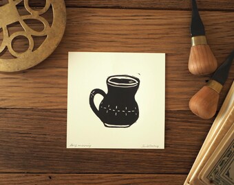 Long Morning Hand-Drawn, Carved, and Printed Mug Linocut Print