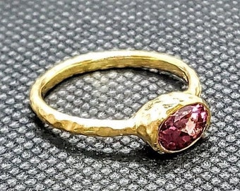 14k solid yellow gold hammered ring with 1.10 ct. 7x5 mm oval shape natural AAA natural pink tourmaline.