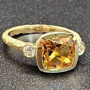 14k solid yellow gold hammered ring with 0.17ct. SI1 clarity, G color natural brilliant diamonds & 2.10ct. 8x8mm cushion natural AAA citrine