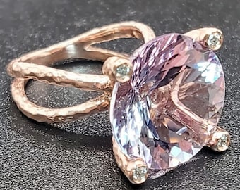 14k solid rose gold hammered ring with 0.08ct. SI1 clarity, G color natural brilliant diamonds & 11.90ct. 16 mm round natural pink amethyst.