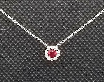 14k solid white gold necklace with 0.06 ct. SI1 clarity, G color natural brilliant diamonds & 0.30 ct. 4 mm round shape natural AAA ruby.