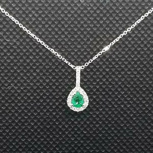 14k solid white gold necklace with 0.09 ct. SI1 clarity, G color natural brilliant diamonds & 0.36 ct. 5x4 mm pear shape natural AAA emerald