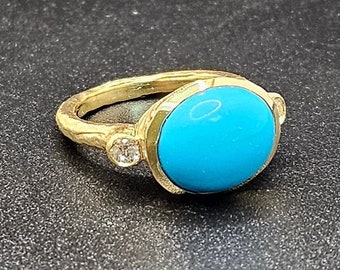 14k solid yellow gold hammered ring with 0.17ct. SI1 clarity, G color natural brilliant diamonds & 4.70ct. 12x10 mm natural AAA turquoise.