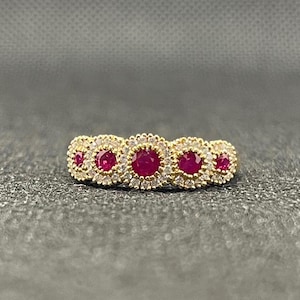 14k solid yellow gold ring with 0.21 ct. SI1 clarity, G color natural brilliant diamonds & 0.43 ct. natural AAA Rubies