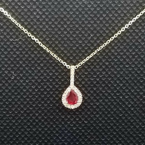 14k solid yellow gold necklace with 0.09 ct. SI1 clarity, G color natural brilliant diamonds & 0.42 ct. 5x4 pear shape natural AAA ruby.