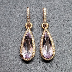 14k solid rose gold earrings with 0.46 ct. SI1, G color natural brilliant diamonds & 4.50 ct. 16x6 mm natural AAA rose de France amethyst.