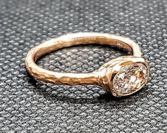 14k solid rose gold hammered ring with 0.75 ct. 7x5 oval shape natural AAA morganite.