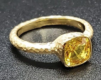 14k solid yellow gold hammered ring with 2.05 ct. 7x7 mm cushion shape natural yellow sapphire.