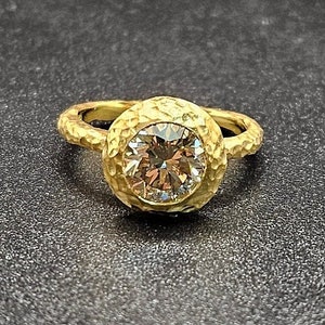 14k solid yellow gold hammered engagement ring with 1.35 ct. natural fancy champagne diamond.