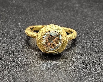14k solid yellow gold hammered engagement ring with 1.35 ct. natural fancy champagne diamond.