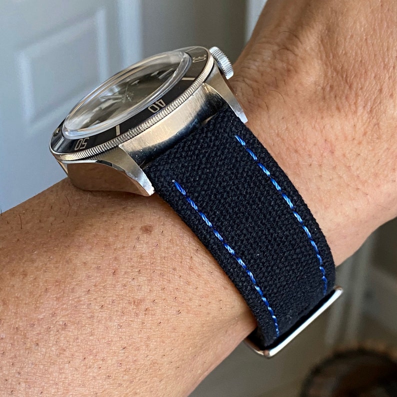 BLACK Canvas & Leather Watch strap Band Slate BLUE Stitching Etsy