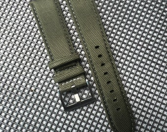 OLIVE GREEN Sailcloth Canvas/Leather watch band strap Olive GREEN matching Stitch