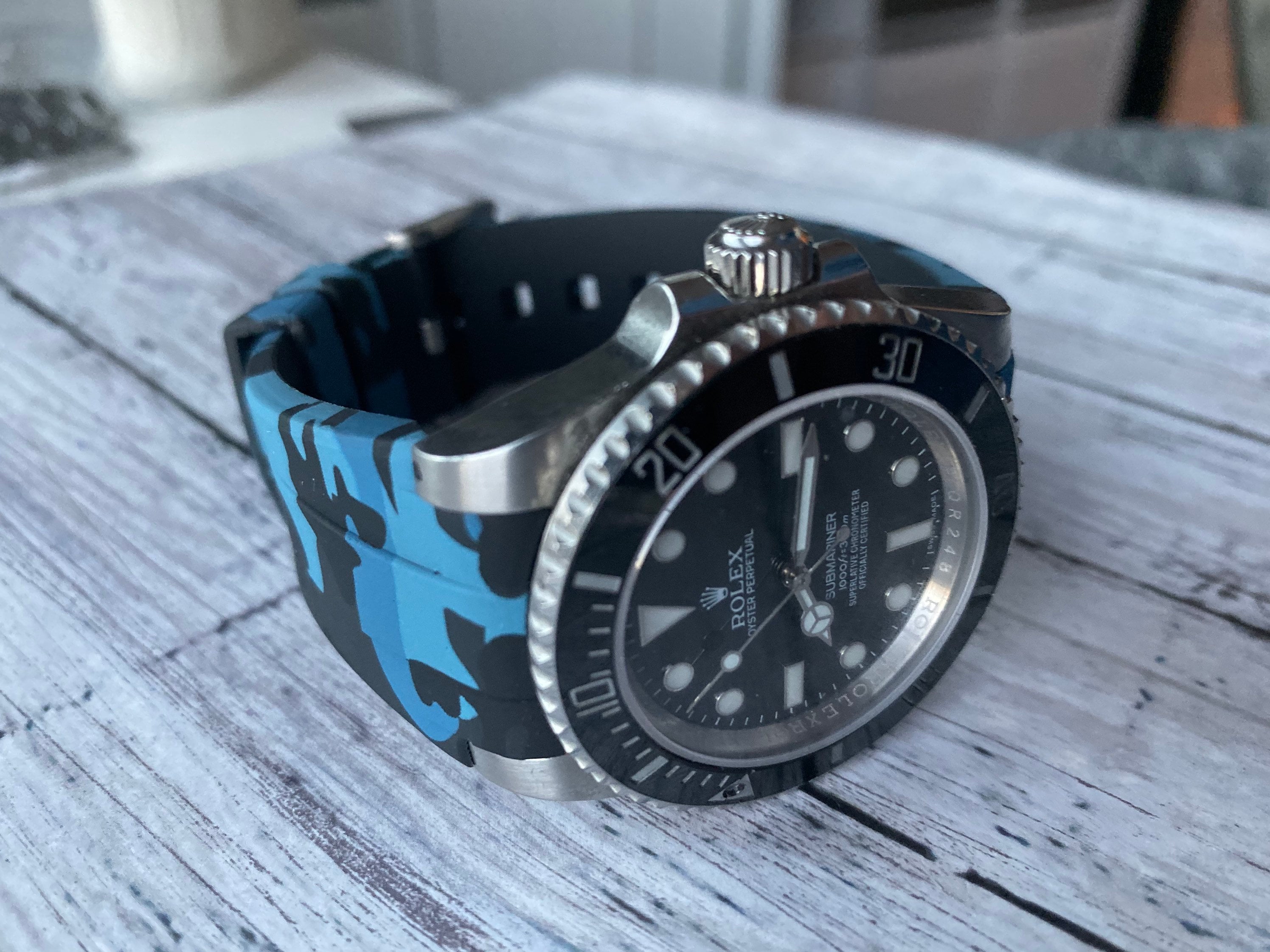 20mm Vulcanized Flared Rubber GMT Blue & Black Stripe Strap