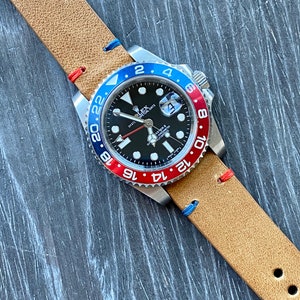 CAMEL TAN Crazy Horse Leather Vintage Watch strap GMT Blue/Red stitch