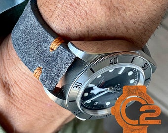 Thick DDA - Distressed GRAY Suede Vintage Leather Watch strap Band ORANGE Stitching