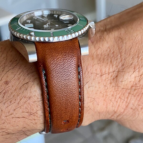 20mm BROWN Cowhide Leather fitted (curved) Strap for Rolex watches GREEN Stitch