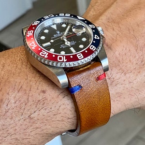 BROWN Cumberland side Canyon Leather Vintage Watch strap GMT (Blue & Red) stitch