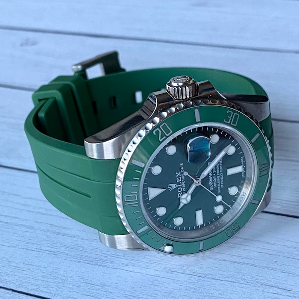 20mm VULCANIZED Rubber GREEN Strap for most Rolex 40mm case size watches
