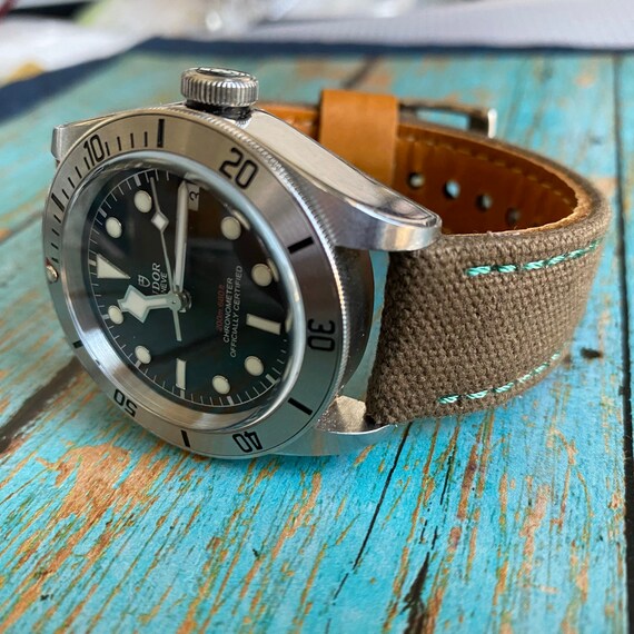 Black leather watch online strap green stitching